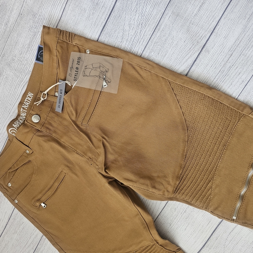 Men's Slim Straight Fit Biker Style Denim Jeans In Wheat/Timber - Picture 3 of 13
